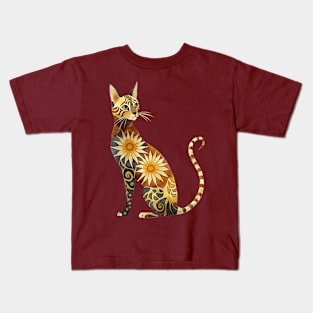 Bengal Cat with Sunflower Pattern Boho Style Kids T-Shirt